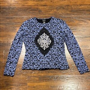 Vintage INC International Concepts Blue Long Sleeve Mesh Scrollwork Top - Medium